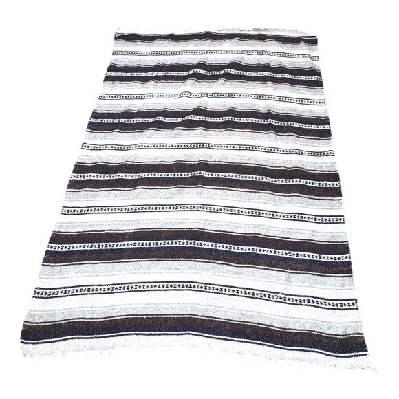 Mexican Artisan Striped Blanket Handwoven Wool Throw Soft Textural Serape Large - Picture 1 of 6